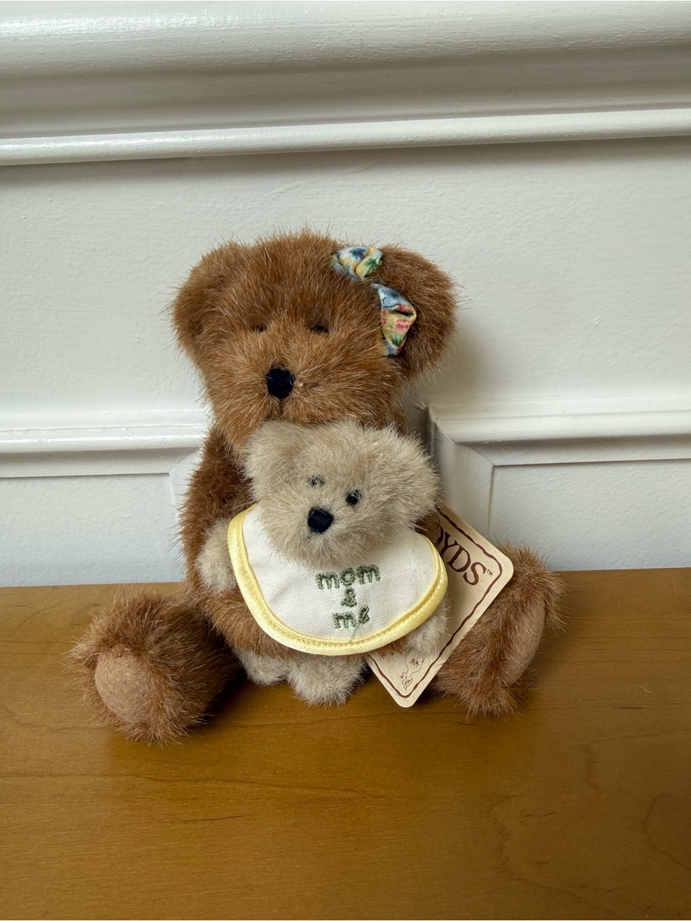 Boyds Bears Brown Plush Mama Bear with Beige Baby and Floral Bow